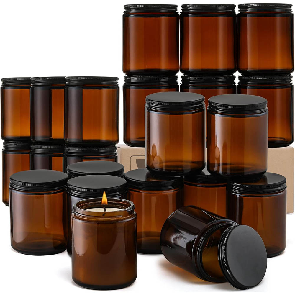 Candle Zero - 8oz Bernsteinfarbene Glasgläser mit schwarzen Deckeln