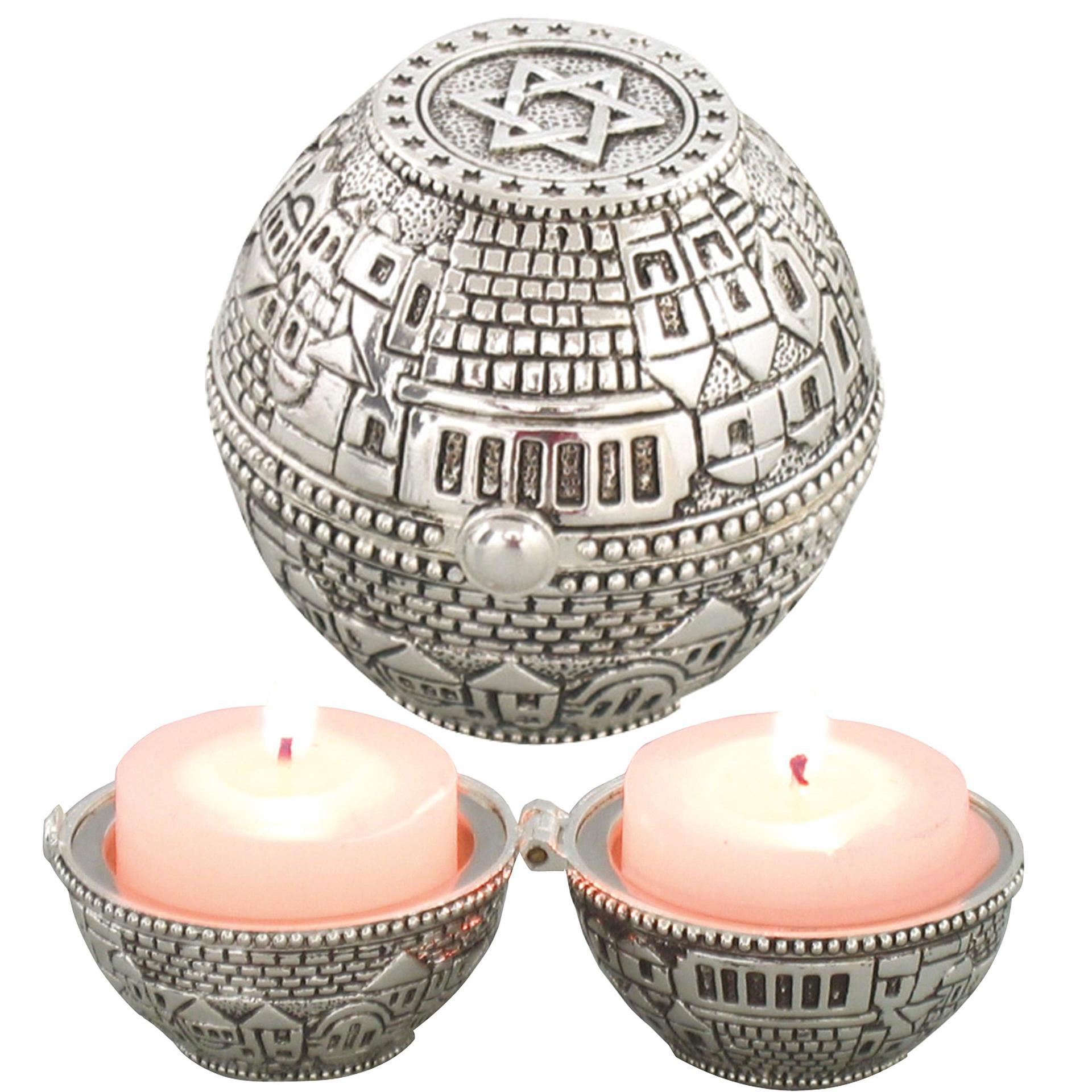 Candle Zero - Jüdische Schabbat Metall-Reisekerzenhalter Silber Reisegröße Jerusalem