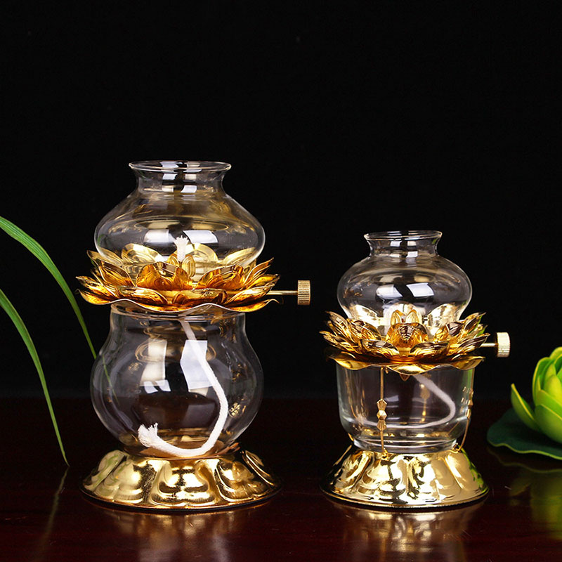 Candle Zero - Goldene Öllampe für Buddhisten mit Glas-Windschutzabdeckung,